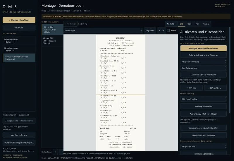 Zwei überlappende Scans eines fiktiven Kassenbons in der Montagevorschau. Hier manuell ausgerichtet; die goldene Linie markiert die vor der Übernahme zu prüfende Naht.