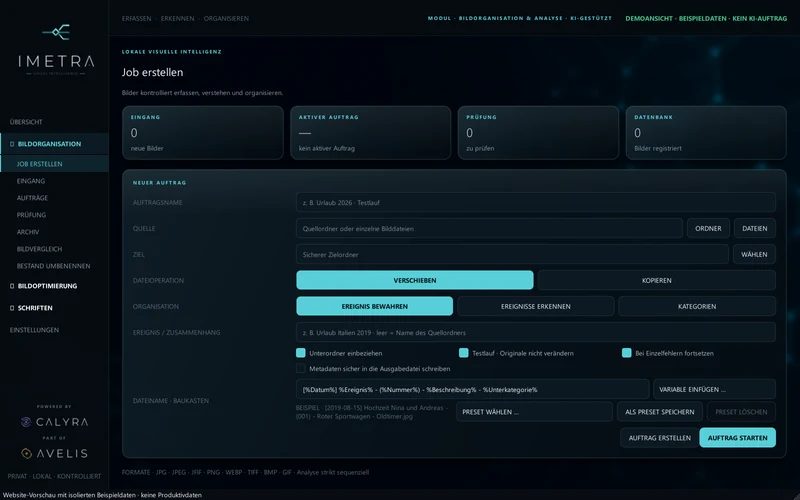 Echte Desktop-Oberfläche mit vorbereitetem Bildauftrag und Testlaufoption. Keine privaten Bilder und kein ausgeführter KI-Auftrag.
