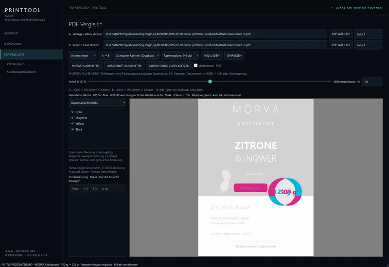 Die gleichen Produkt-PDFs in der Differenzansicht. Cyan und Magenta markieren Änderungen an Text und Position; unveränderte Bereiche treten in den Hintergrund.