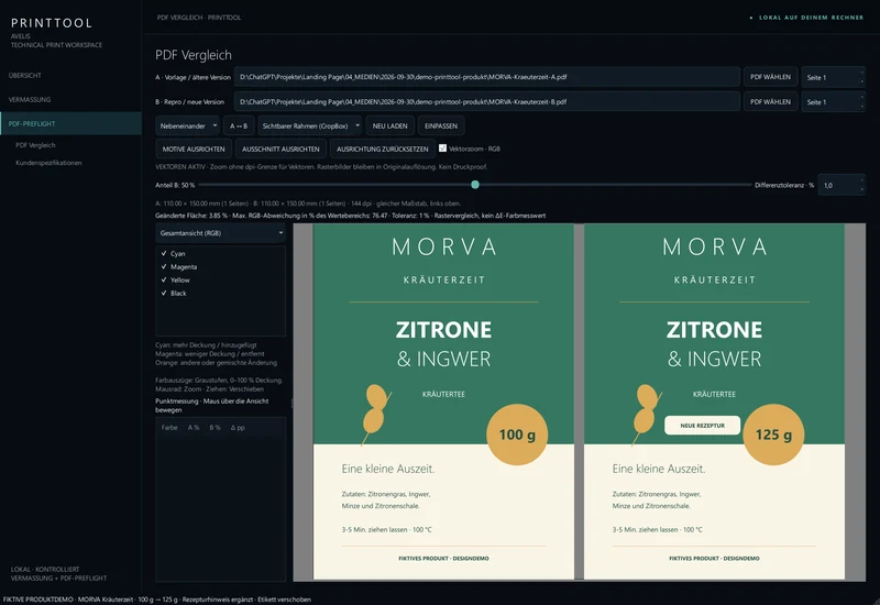 Zwei PDF-Versionen des fiktiven Kräutertees MORVA nebeneinander: 100 und 125 Gramm, verschobenes Mengenetikett und ein ergänzter Rezepturhinweis. So lassen sich Text- und Layoutänderungen direkt prüfen.